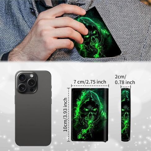 Men's Slim Wallet,Pop Up Credit Card Holder Wallet,Leather RFID Blocking Metal Card Case for Coins,Debit Cards-Green Skull in Saudi Arabia