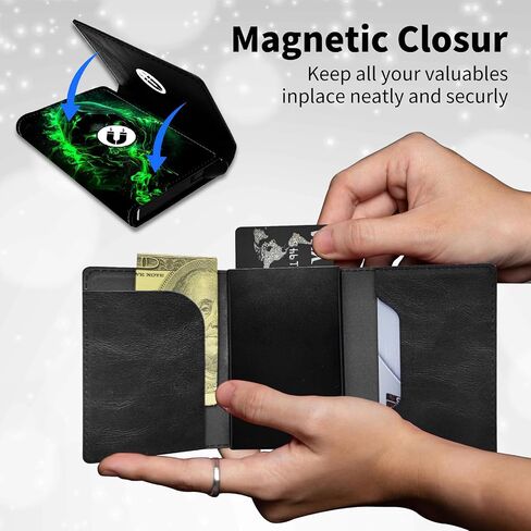 Men's Slim Wallet,Pop Up Credit Card Holder Wallet,Leather RFID Blocking Metal Card Case for Coins,Debit Cards-Green Skull in Saudi Arabia