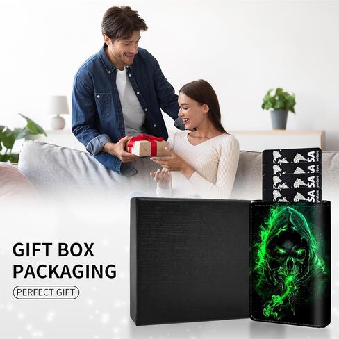 Men's Slim Wallet,Pop Up Credit Card Holder Wallet,Leather RFID Blocking Metal Card Case for Coins,Debit Cards-Green Skull in Saudi Arabia