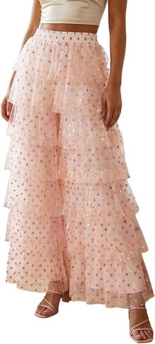 Women's Long Tiered Ruffled Tulle Pants High Waist Stripe Print Layered Mesh Wide Leg Palazzo Pants for Club Party in Saudi Arabia