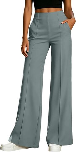Dressy Stretchy Dress Pants Women Business Casual Pants | Stretchy Smooth Fabric, Vertical Seam Detail, Office Dress Pants For Women,, Straight Wide Leg, Multiple Color Options in Kuwait
