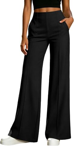 Dressy Stretchy Dress Pants Women Business Casual Pants | Stretchy Smooth Fabric, Vertical Seam Detail, Office Dress Pants For Women,, Straight Wide Leg, Multiple Color Options in Kuwait