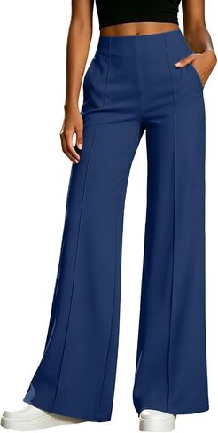 Dressy Stretchy Dress Pants Women Business Casual Pants | Stretchy Smooth Fabric, Vertical Seam Detail, Office Dress Pants For Women,, Straight Wide Leg, Multiple Color Options in Kuwait