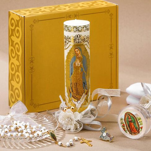 مجموعة شموع المعمودية 7 قطع من Liliful مع صندوق هدايا Veladoras De La Virgen De Guadalupe Velas De Bautizo Comunión De Niña لحفلات المعمودية الأولى in Kuwait