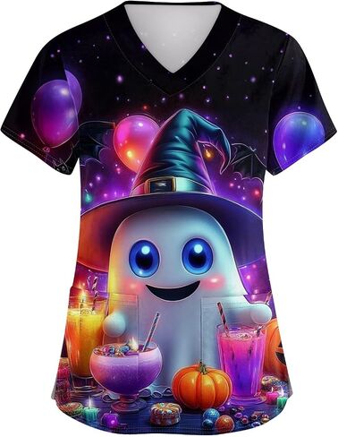 Halloween Scrub Tops Women Print Plus Size Scrubs for Women,Stretchy Pediatric Nursing Uniforms Shirts with Pockets in Saudi Arabia