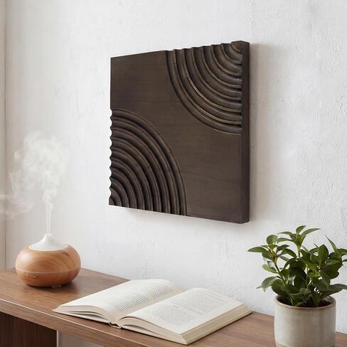 Musanpou Wood Textured 3D Wall Art - Modern Minimalist Carved Wood Wall Decor, Rustic Geometric Wave Relief Sculpture for Living Room, Bedroom, Office, Neutral Boho Home Decor11.8x11.8 inch (brown) in Saudi Arabia