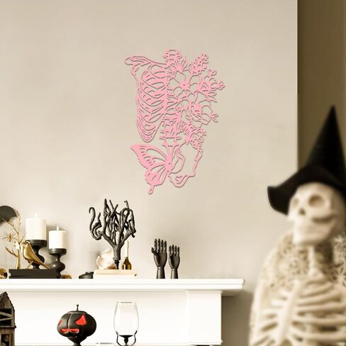 Rajukit Skull Wall Decor & Metal Butterfly Art - Gothic Skeleton Decor with Flowers, Eclectic Wall Sculpture for Bedroom & Outdoor Gothic Decor (Pink) in Kuwait