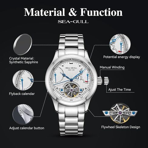SEA-GULL Men’s Automatic Watch Stainless Steel Hollow Flywheel Mechanical Wristwatch with Calendar Date Day Synthetic Sapphire Crystal 39mm Dial Business Dress Watches M163S in Saudi Arabia