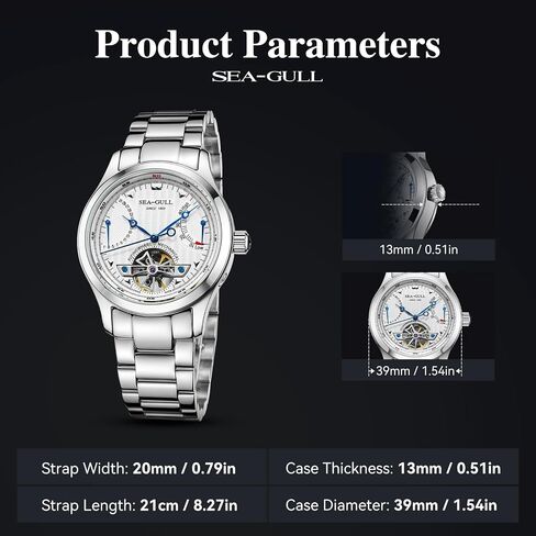 SEA-GULL Men’s Automatic Watch Stainless Steel Hollow Flywheel Mechanical Wristwatch with Calendar Date Day Synthetic Sapphire Crystal 39mm Dial Business Dress Watches M163S in Saudi Arabia