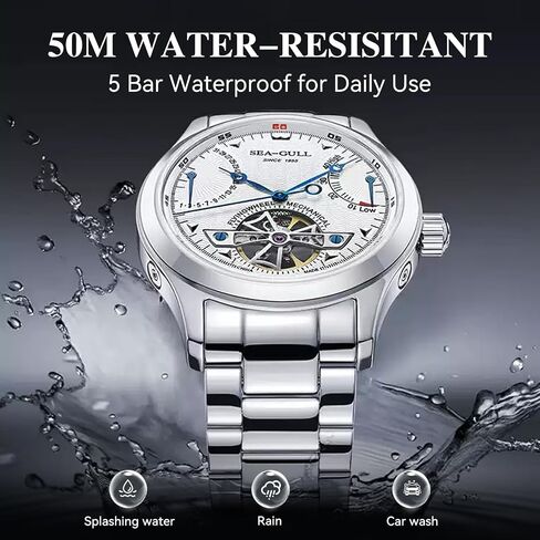 SEA-GULL Men’s Automatic Watch Stainless Steel Hollow Flywheel Mechanical Wristwatch with Calendar Date Day Synthetic Sapphire Crystal 39mm Dial Business Dress Watches M163S in Saudi Arabia
