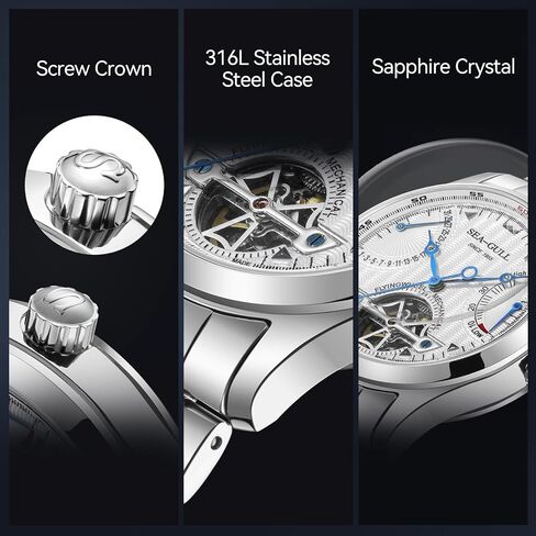 SEA-GULL Men’s Automatic Watch Stainless Steel Hollow Flywheel Mechanical Wristwatch with Calendar Date Day Synthetic Sapphire Crystal 39mm Dial Business Dress Watches M163S in Saudi Arabia
