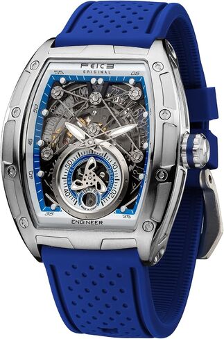 FEICE FM503 Blue Watches for Men Automatic Skeleton Waterproof Blue Coated Mineral Glass Custom Movement F1 Racing Wristwatch Liquid Silicone Watch Strap Ergonomic Design Durable for Daily Wear Gift for All Occasions in Kuwait
