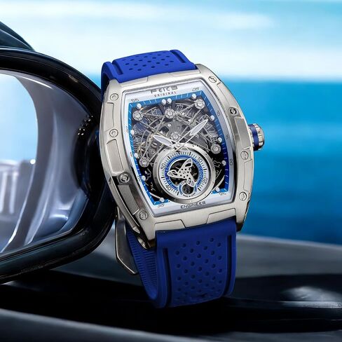 FEICE FM503 Blue Watches for Men Automatic Skeleton Waterproof Blue Coated Mineral Glass Custom Movement F1 Racing Wristwatch Liquid Silicone Watch Strap Ergonomic Design Durable for Daily Wear Gift for All Occasions in Kuwait
