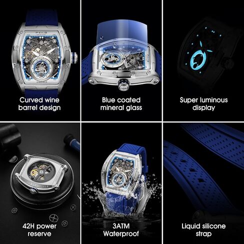 FEICE FM503 Blue Watches for Men Automatic Skeleton Waterproof Blue Coated Mineral Glass Custom Movement F1 Racing Wristwatch Liquid Silicone Watch Strap Ergonomic Design Durable for Daily Wear Gift for All Occasions in Kuwait