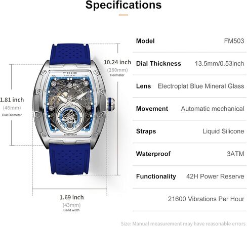 FEICE FM503 Blue Watches for Men Automatic Skeleton Waterproof Blue Coated Mineral Glass Custom Movement F1 Racing Wristwatch Liquid Silicone Watch Strap Ergonomic Design Durable for Daily Wear Gift for All Occasions in Kuwait