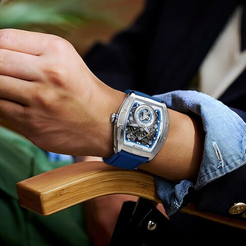 FEICE FM503 Blue Watches for Men Automatic Skeleton Waterproof Blue Coated Mineral Glass Custom Movement F1 Racing Wristwatch Liquid Silicone Watch Strap Ergonomic Design Durable for Daily Wear Gift for All Occasions in Kuwait
