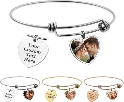 Custom Bracelets Jewelry Gift for Women – Personalized Picture & Name Engraved Charm Wire Bangle – Bracelet for Mom , Daughter – Anniversary, Birthday, Graduation, 𝐌𝐨𝐭𝐡𝐞𝐫'𝐬 𝐃𝐚𝐲 ,pulseras con fotos personalizadas in Saudi Arabia