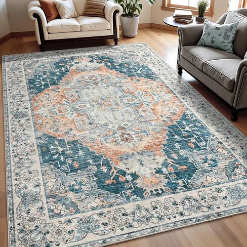 Keeko 5'x7' Vintage Floral Area Rug for Living Room, Soft Washable Low-Pile Carpet with Non-Slip Backing, Non-Shedding Distressed Farmhouse Rug for Bedroom, Dining Room, Nursery & Home Office in Saudi Arabia