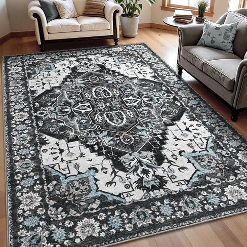 Keeko 5'x7' Vintage Floral Area Rug for Living Room, Soft Washable Low-Pile Carpet with Non-Slip Backing, Non-Shedding Distressed Farmhouse Rug for Bedroom, Dining Room, Nursery & Home Office in Saudi Arabia