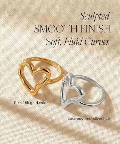 Gold Silver Chunky Statement Heart Love Band Ring for Women, 18K Gold Plated Stainless Steel Waterproof Non-Tarnish, Comfort Fit Size 6-8 in Saudi Arabia