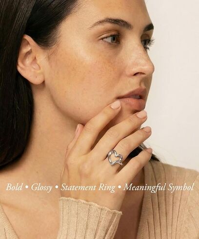 Gold Silver Chunky Statement Heart Love Band Ring for Women, 18K Gold Plated Stainless Steel Waterproof Non-Tarnish, Comfort Fit Size 6-8 in Saudi Arabia