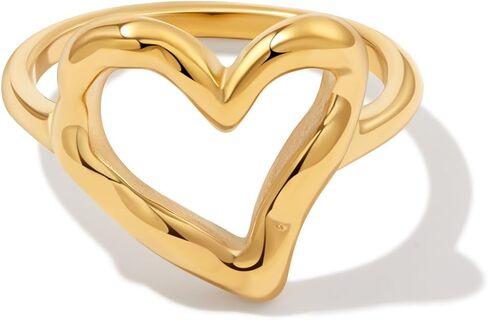 Gold Silver Chunky Statement Heart Love Band Ring for Women, 18K Gold Plated Stainless Steel Waterproof Non-Tarnish, Comfort Fit Size 6-8 in Saudi Arabia