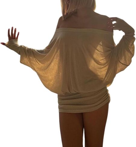 Women's Sexy Off The Shoulder Batwing Dress Loose Fit Ruched Casual Going Out Long Sleeve Night Club Mini Dress in Saudi Arabia