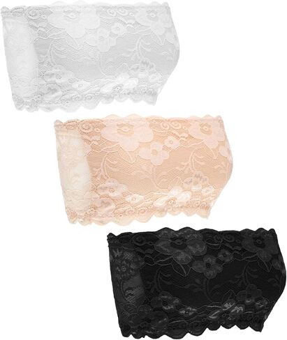 3 Pcs Floral Lace Bralette Bandeau Bra, 3 Colors Modesty Panel Cleavage Cover for Low Cut Dress, Seamless Strapless Stretchy Tube Top Bra for Low Neckline Cleavage Cover in Kuwait