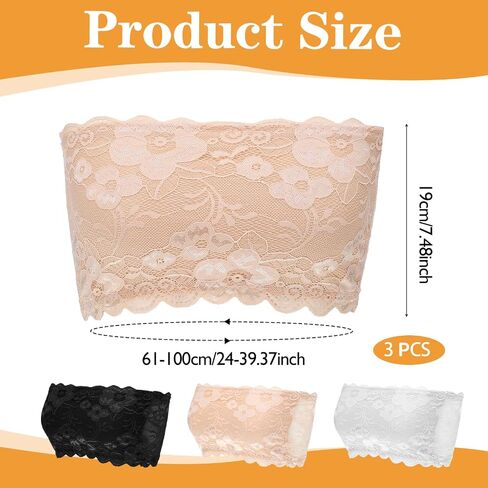 3 Pcs Floral Lace Bralette Bandeau Bra, 3 Colors Modesty Panel Cleavage Cover for Low Cut Dress, Seamless Strapless Stretchy Tube Top Bra for Low Neckline Cleavage Cover in Kuwait
