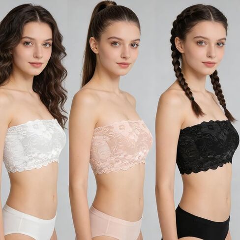 3 Pcs Floral Lace Bralette Bandeau Bra, 3 Colors Modesty Panel Cleavage Cover for Low Cut Dress, Seamless Strapless Stretchy Tube Top Bra for Low Neckline Cleavage Cover in Kuwait