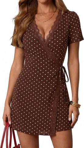 Women's Mini Polka Dot Dress Wrap Short Sleeve Lace Trim V Neck Cocktail Dresses with Belt Casual Summer Outfits 2026 in Saudi Arabia