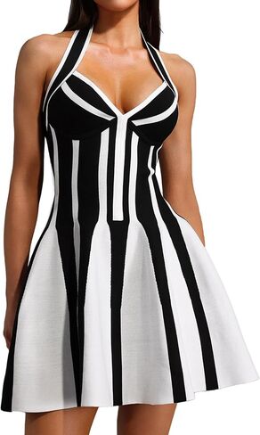 Summer Blue Mini Halter Sleeveless Deep V Backless Color Block Dress A Line Pleated Fluffy Beach Party Dress for Women in Saudi Arabia