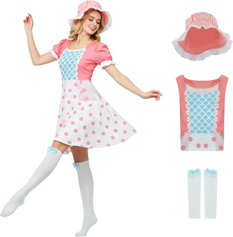 Women Bo Peep Costume Shepherdess Polka Dot Dress Bonnet Bowtie Knee High Stockings Halloween Outfit for Adult in Saudi Arabia