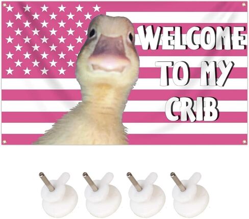 مرحبًا بك في علم My Crib Duck، نسيج بطة العلم الأمريكي الوردي، 5 × 3 أقدام | أعلام لغرفة النوم، أعلام للغرفة، ديكور حائط مضحك، ديكور غرفة النوم، مناسب للمساكن in Kuwait