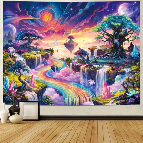 Serborlur Neon Galaxy Space Tapestry Fantasy Tree of Life Tapestries Psychedelic Planet Mountain Wall Decor Magical Waterfall Rainbow River Wall Hanging for Bedroom in Saudi Arabia