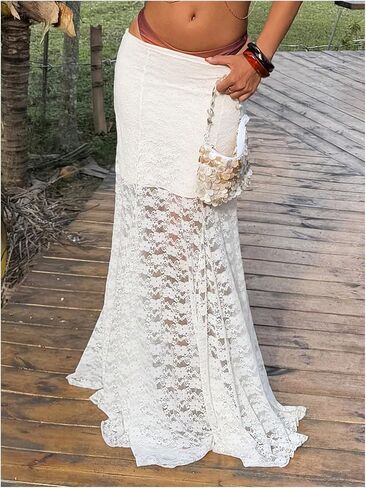 تنورة طويلة أنيقة للسيدات من MakeMeChic مصنوعة من الدانتيل الشفاف ومكشكشة على شكل زهور ومزودة بكشكشة وضيقة وطويلة in Kuwait