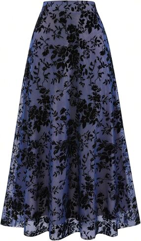 Women's Navy Blue Velvet Floral Maxi Skirt, High Waist A-Line Flowy Chiffon Swing Long Skirt in Kuwait