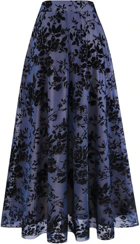 Women's Navy Blue Velvet Floral Maxi Skirt, High Waist A-Line Flowy Chiffon Swing Long Skirt in Kuwait