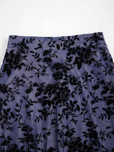 Women's Navy Blue Velvet Floral Maxi Skirt, High Waist A-Line Flowy Chiffon Swing Long Skirt in Kuwait