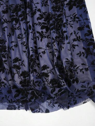 Women's Navy Blue Velvet Floral Maxi Skirt, High Waist A-Line Flowy Chiffon Swing Long Skirt in Kuwait