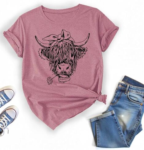 Cute Cow Cattle Animal Print T Shirt Vintage Western Short Sleeve in Kuwait