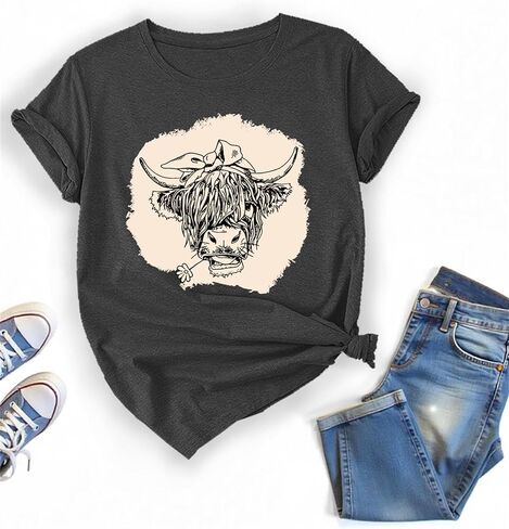 Cute Cow Cattle Animal Print T Shirt Vintage Western Short Sleeve in Kuwait