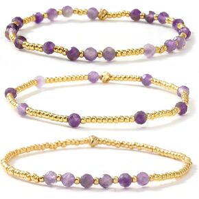 Purple Gold Plated Stackable Seed Beaded Bracelets Set For Women, Healing Romantic Luxury Amethyst Nature Gemstones Stretch Accessories Jewelry, Daily Vacation Party Friendship Gift in Saudi Arabia