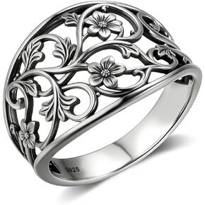 HAIXIAN S925 Sterling Silver Ring for Women, Vintage Antique Finish Filigree Floral Vine Statement Band, Retro Boho Engraved Flower Jewelry Gift in Saudi Arabia