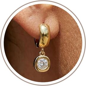 Freekiss Chunky Hoop Dangle Earrings for Women Trendy - Gold Plated Thick Hoops with Bezel Set Drop, Sparkly Cubic Zirconia & Cat Eye Stone Women's Jewelry in Saudi Arabia