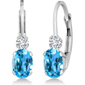 Gem Stone King 14K White Gold Swiss Blue Topaz and White Diamond Leverback Earrings For Women | 1.07 Cttw | Gemstone November Birthstone | Oval 6X4MM, Round 2MM | 3/4 Inch in Saudi Arabia