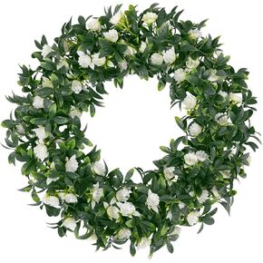 SHACOS Greenery Wreath 15" Artificial Front Door Wreaths Green Wreath with White Flowers for Home Wall Window Farmhouse Decoration 100% Plastic Indoor Outdoor in Saudi Arabia