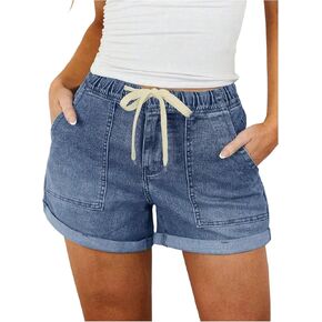 SOLY HUX Women's Summer Baggy Jean Shorts Drawstring Elastic Waist Wide Leg Roll Up Hem Summer Casual Denim Shorts in Saudi Arabia