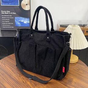 Women's Thick Corduroy Tote Bag – Commuter Handbag with Zipper Closure, Polyester Lining, Fixed Shoulder Straps – Spacious Casual Shoulder Bag for Work, School & Travel(Black) in Kuwait
