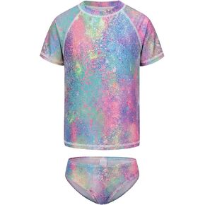 Girls Rash Guard Swimsuits Set Short Sleeve Bathing Suits for Kids Girls Swim Set Hawaiian Beachwear 3-16 Years in Saudi Arabia
